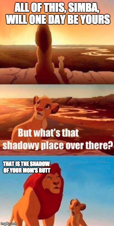 Simba Shadowy Place | ALL OF THIS, SIMBA, WILL ONE DAY BE YOURS; THAT IS THE SHADOW OF YOUR MOM'S BUTT | image tagged in memes,simba shadowy place | made w/ Imgflip meme maker