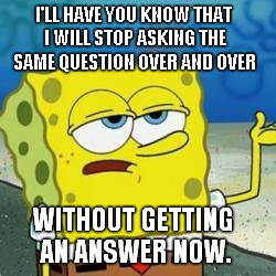 It's like some people parse right over questions in their text comprehension. O_o | I'LL HAVE YOU KNOW THAT I WILL STOP ASKING THE SAME QUESTION OVER AND OVER; WITHOUT GETTING AN ANSWER NOW. | image tagged in spongebob i'll have you know | made w/ Imgflip meme maker