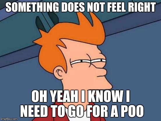 Futurama Fry | SOMETHING DOES NOT FEEL RIGHT; OH YEAH I KNOW I NEED TO GO FOR A POO | image tagged in memes,futurama fry | made w/ Imgflip meme maker