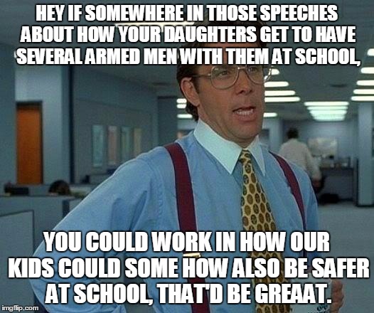 That Would Be Great Meme | HEY IF SOMEWHERE IN THOSE SPEECHES ABOUT HOW YOUR DAUGHTERS GET TO HAVE SEVERAL ARMED MEN WITH THEM AT SCHOOL, YOU COULD WORK IN HOW OUR KIDS COULD SOME HOW ALSO BE SAFER AT SCHOOL, THAT'D BE GREAAT. | image tagged in memes,that would be great | made w/ Imgflip meme maker