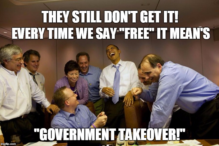 Silly voters | THEY STILL DON'T GET IT! EVERY TIME WE SAY "FREE" IT MEAN'S; "GOVERNMENT TAKEOVER!" | image tagged in democrats,politics | made w/ Imgflip meme maker