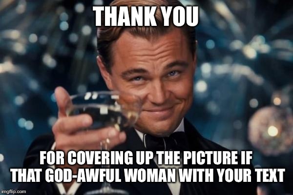 Leonardo Dicaprio Cheers Meme | THANK YOU FOR COVERING UP THE PICTURE IF THAT GOD-AWFUL WOMAN WITH YOUR TEXT | image tagged in memes,leonardo dicaprio cheers | made w/ Imgflip meme maker