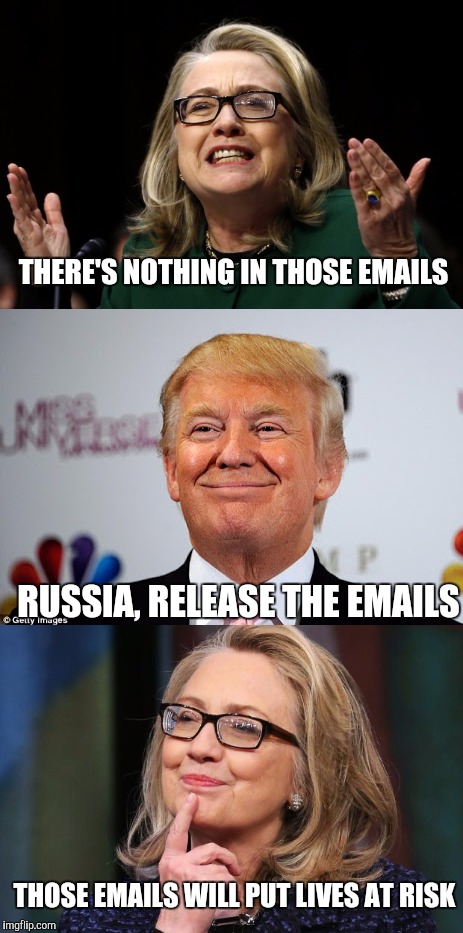 Trump the Troll | THERE'S NOTHING IN THOSE EMAILS; RUSSIA, RELEASE THE EMAILS; THOSE EMAILS WILL PUT LIVES AT RISK | image tagged in trump 2016,hillary emails,trolled,trump troll,hillary clinton 2016,email scandal | made w/ Imgflip meme maker