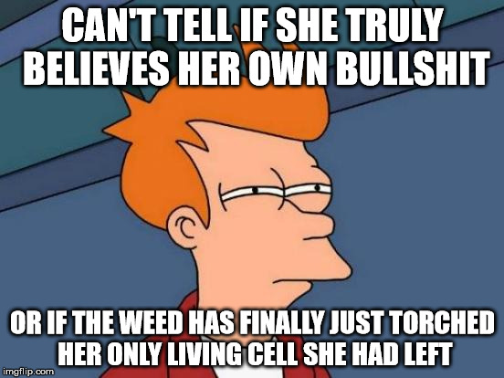 Futurama Fry Meme | CAN'T TELL IF SHE TRULY BELIEVES HER OWN BULLSHIT; OR IF THE WEED HAS FINALLY JUST TORCHED HER ONLY LIVING CELL SHE HAD LEFT | image tagged in memes,futurama fry | made w/ Imgflip meme maker