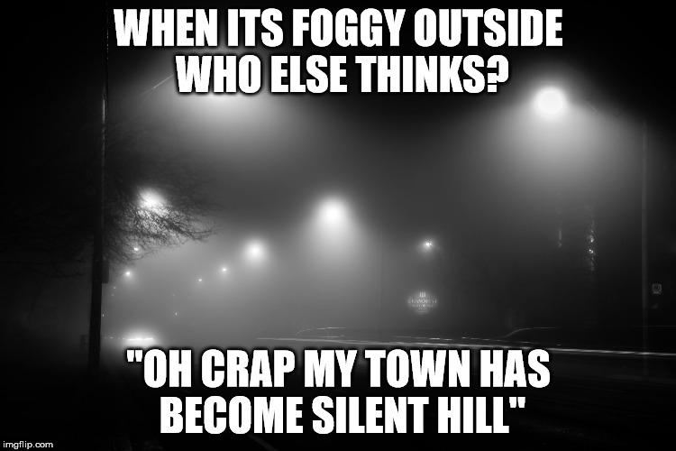 I can't be the only one... | WHEN ITS FOGGY OUTSIDE WHO ELSE THINKS? "OH CRAP MY TOWN HAS BECOME SILENT HILL" | image tagged in foggy,silent hill | made w/ Imgflip meme maker