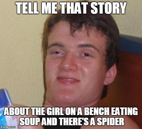 stoned guy |  TELL ME THAT STORY; ABOUT THE GIRL ON A BENCH EATING SOUP AND THERE'S A SPIDER | image tagged in stoned guy,AdviceAnimals | made w/ Imgflip meme maker