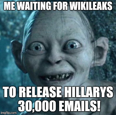 Gollum | ME WAITING FOR WIKILEAKS; TO RELEASE HILLARYS 30,000 EMAILS! | image tagged in memes,gollum | made w/ Imgflip meme maker