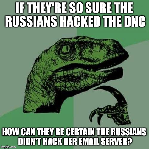 Philosoraptor Meme | IF THEY'RE SO SURE THE RUSSIANS HACKED THE DNC; HOW CAN THEY BE CERTAIN THE RUSSIANS DIDN'T HACK HER EMAIL SERVER? | image tagged in memes,philosoraptor | made w/ Imgflip meme maker