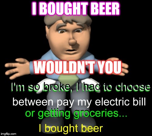 I Bought Beer | I BOUGHT BEER; WOULDN'T YOU | image tagged in beer,bought,broke,electric,grocery,bill | made w/ Imgflip meme maker