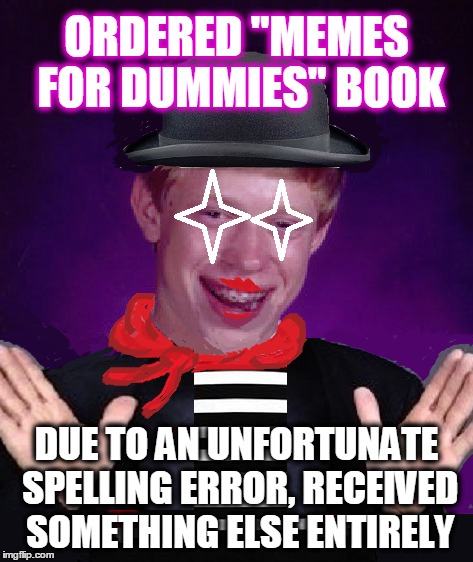 ANOTHER SPELL CHECK GONE AWRY | ORDERED "MEMES FOR DUMMIES" BOOK; DUE TO AN UNFORTUNATE SPELLING ERROR, RECEIVED SOMETHING ELSE ENTIRELY | image tagged in bad luck brian | made w/ Imgflip meme maker