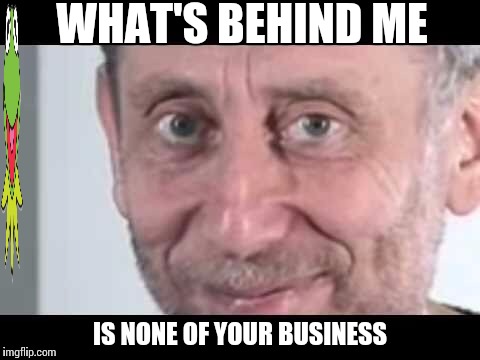 Michael Rosen | WHAT'S BEHIND ME; IS NONE OF YOUR BUSINESS | image tagged in michael rosen | made w/ Imgflip meme maker