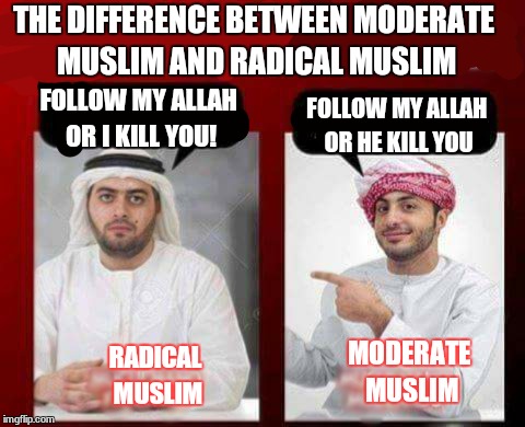 Radical Muslim x Moderate Muslim | THE DIFFERENCE BETWEEN MODERATE MUSLIM AND RADICAL MUSLIM; FOLLOW MY ALLAH OR I KILL YOU! FOLLOW MY ALLAH OR HE KILL YOU; MODERATE MUSLIM; RADICAL MUSLIM | image tagged in lmao | made w/ Imgflip meme maker