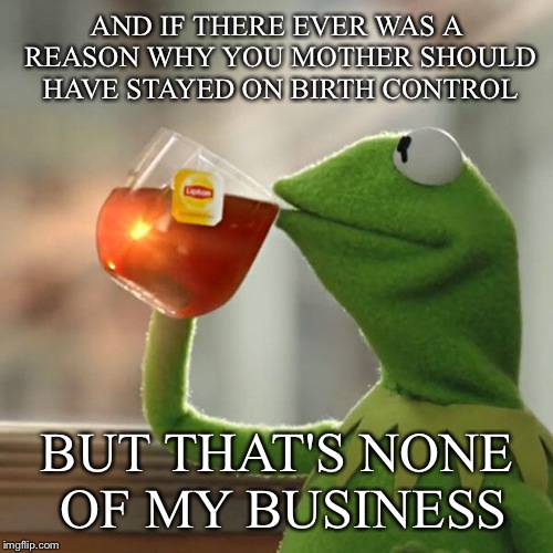 But That's None Of My Business Meme | AND IF THERE EVER WAS A REASON WHY YOU MOTHER SHOULD HAVE STAYED ON BIRTH CONTROL BUT THAT'S NONE OF MY BUSINESS | image tagged in memes,but thats none of my business,kermit the frog | made w/ Imgflip meme maker