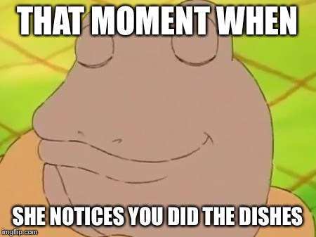 Humble Frog Meme | THAT MOMENT WHEN; SHE NOTICES YOU DID THE DISHES | image tagged in frog,wife,dishes,love,cute,arthur | made w/ Imgflip meme maker