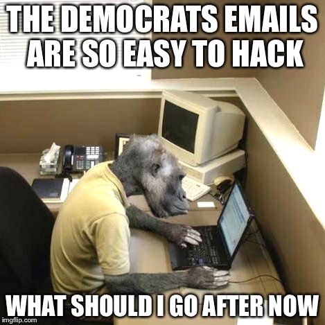 Monkey Business | THE DEMOCRATS EMAILS ARE SO EASY TO HACK; WHAT SHOULD I GO AFTER NOW | image tagged in memes,monkey business | made w/ Imgflip meme maker
