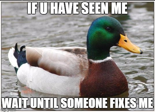 Actual Advice Mallard | IF U HAVE SEEN ME; WAIT UNTIL SOMEONE FIXES ME | image tagged in memes,actual advice mallard | made w/ Imgflip meme maker