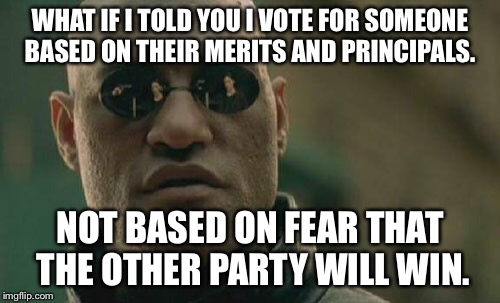 Matrix Morpheus Meme | WHAT IF I TOLD YOU I VOTE FOR SOMEONE BASED ON THEIR MERITS AND PRINCIPALS. NOT BASED ON FEAR THAT THE OTHER PARTY WILL WIN. | image tagged in memes,matrix morpheus,SandersForPresident | made w/ Imgflip meme maker
