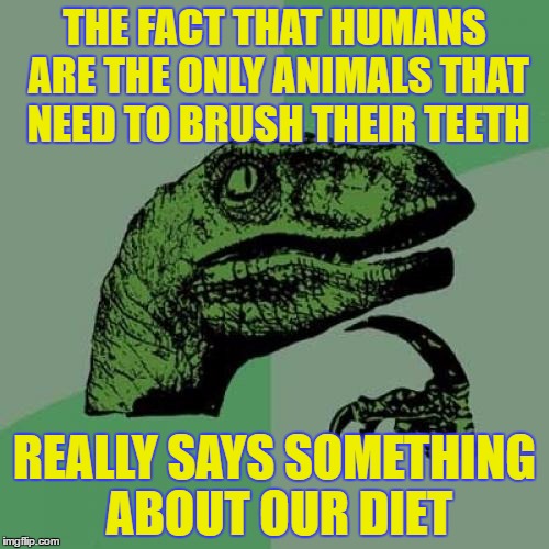 Philosoraptor Meme | THE FACT THAT HUMANS ARE THE ONLY ANIMALS THAT NEED TO BRUSH THEIR TEETH; REALLY SAYS SOMETHING ABOUT OUR DIET | image tagged in memes,philosoraptor | made w/ Imgflip meme maker