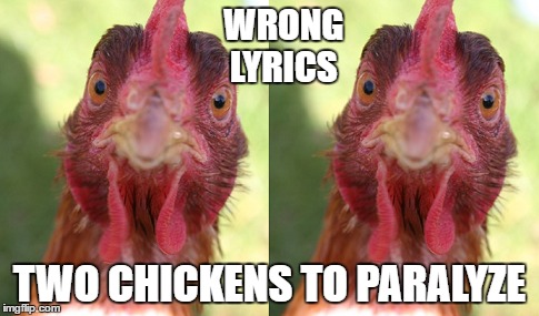 Two Chickens to Paralyze  | WRONG                                    LYRICS; TWO CHICKENS TO PARALYZE | image tagged in wrong lyrics,two chickens to paralyze | made w/ Imgflip meme maker