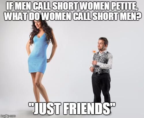 IF MEN CALL SHORT WOMEN PETITE, WHAT DO WOMEN CALL SHORT MEN? "JUST FRIENDS" | image tagged in tall | made w/ Imgflip meme maker