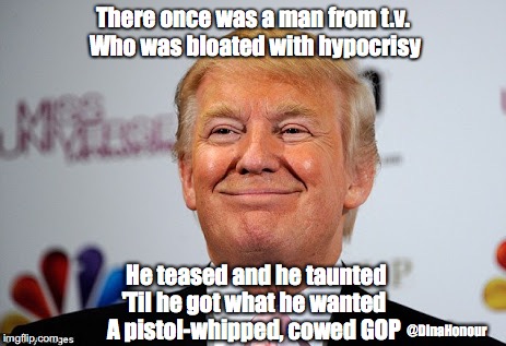 Donald trump approves | There once was a man from t.v.   Who was bloated with hypocrisy; He teased and he taunted; 'Til he got what he wanted; A pistol-whipped, cowed GOP; @DinaHonour | image tagged in donald trump approves | made w/ Imgflip meme maker