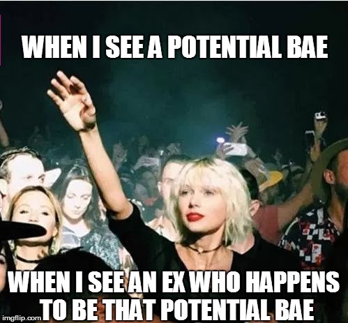 Taylor Swift | WHEN I SEE A POTENTIAL BAE; WHEN I SEE AN EX WHO HAPPENS TO BE THAT POTENTIAL BAE | image tagged in taylor swift,taylor swift glare | made w/ Imgflip meme maker