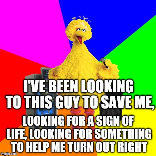 I seriously thought these were the correct lyrics to "Learn to Fly" for many years. | I'VE BEEN LOOKING TO THIS GUY TO SAVE ME, LOOKING FOR A SIGN OF LIFE,
LOOKING FOR SOMETHING TO HELP ME TURN OUT RIGHT | image tagged in wrong lyrics karaoke big bird | made w/ Imgflip meme maker