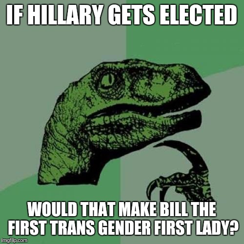 Philosoraptor | IF HILLARY GETS ELECTED; WOULD THAT MAKE BILL THE FIRST TRANS GENDER FIRST LADY? | image tagged in memes,philosoraptor | made w/ Imgflip meme maker