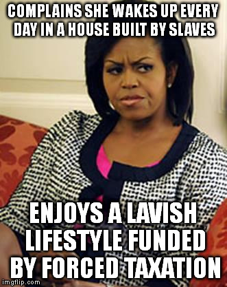 Michelle Obama is not pleased |  COMPLAINS SHE WAKES UP EVERY DAY IN A HOUSE BUILT BY SLAVES; ENJOYS A LAVISH LIFESTYLE FUNDED BY FORCED TAXATION | image tagged in michelle obama is not pleased | made w/ Imgflip meme maker