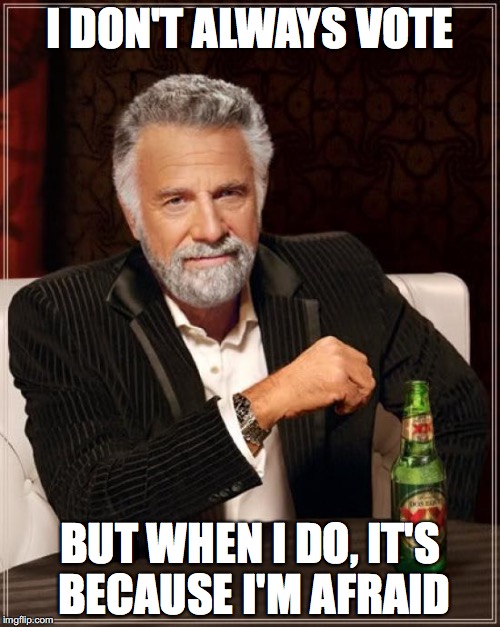 The Most Interesting Man In The World Meme | I DON'T ALWAYS VOTE; BUT WHEN I DO, IT'S BECAUSE I'M AFRAID | image tagged in memes,the most interesting man in the world | made w/ Imgflip meme maker