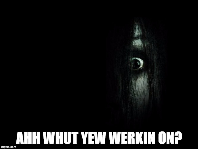 AHH WHUT YEW WERKIN ON? | image tagged in grudge | made w/ Imgflip meme maker
