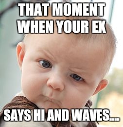Skeptical Baby Meme | THAT MOMENT WHEN YOUR EX; SAYS HI AND WAVES.... | image tagged in memes,skeptical baby | made w/ Imgflip meme maker