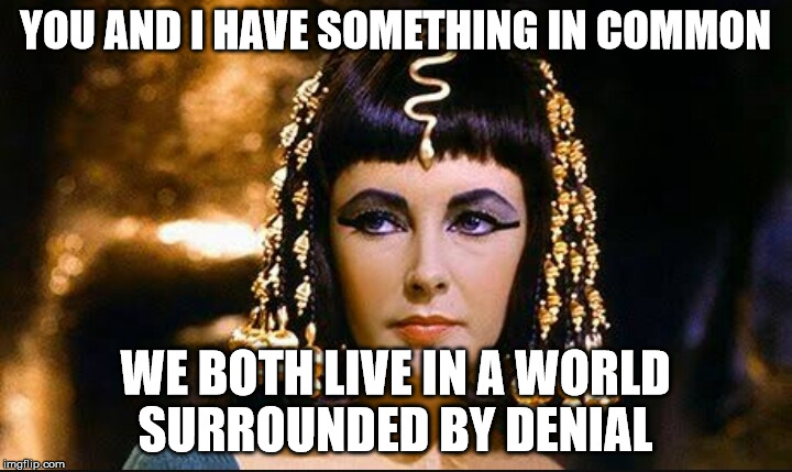 Cleopatra | YOU AND I HAVE SOMETHING IN COMMON; WE BOTH LIVE IN A WORLD SURROUNDED BY DENIAL | image tagged in cleopatra | made w/ Imgflip meme maker