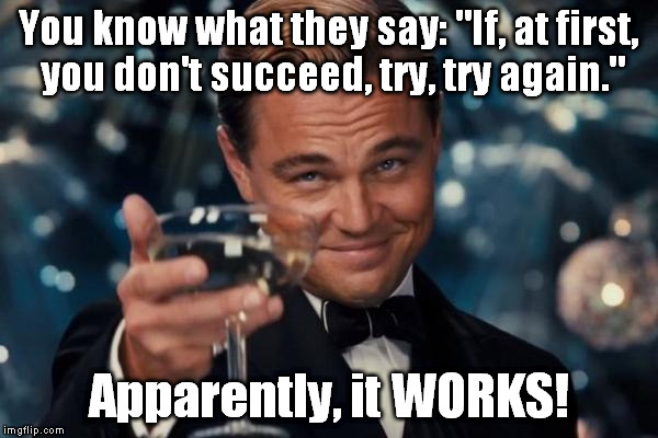 Leonardo Dicaprio Cheers Meme | You know what they say: "If, at first, you don't succeed, try, try again." Apparently, it WORKS! | image tagged in memes,leonardo dicaprio cheers | made w/ Imgflip meme maker