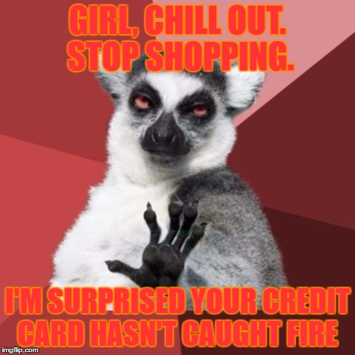 Chill Out Lemur | GIRL, CHILL OUT. STOP SHOPPING. I'M SURPRISED YOUR CREDIT CARD HASN'T CAUGHT FIRE | image tagged in memes,chill out lemur | made w/ Imgflip meme maker