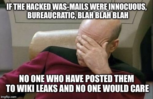 Captain Picard Facepalm Meme | IF THE HACKED WAS-MAILS WERE INNOCUOUS,  BUREAUCRATIC, BLAH BLAH BLAH NO ONE WHO HAVE POSTED THEM TO WIKI LEAKS AND NO ONE WOULD CARE | image tagged in memes,captain picard facepalm | made w/ Imgflip meme maker