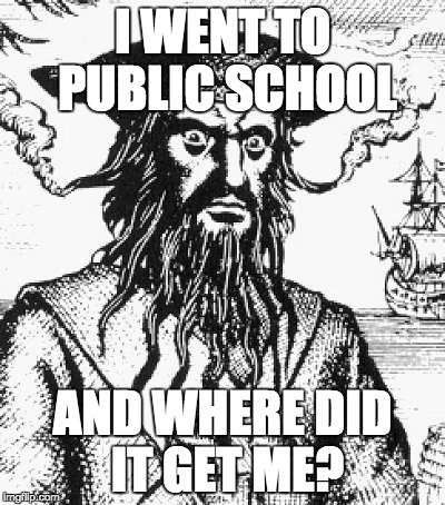 Blackbeard | I WENT TO PUBLIC SCHOOL; AND WHERE DID IT GET ME? | image tagged in blackbeard | made w/ Imgflip meme maker