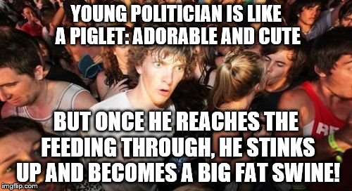 Sudden Clarity Clarence | YOUNG POLITICIAN IS LIKE A PIGLET: ADORABLE AND CUTE; BUT ONCE HE REACHES THE FEEDING THROUGH, HE STINKS UP AND BECOMES A BIG FAT SWINE! | image tagged in memes,sudden clarity clarence | made w/ Imgflip meme maker
