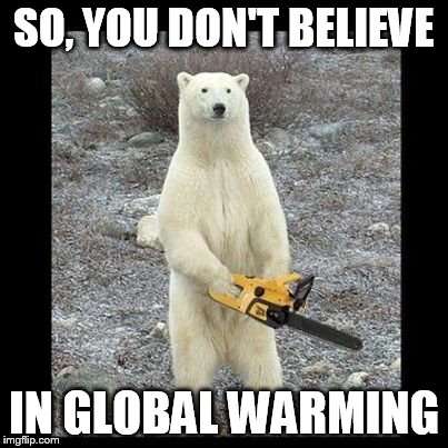 Chainsaw Bear Meme | SO, YOU DON'T BELIEVE; IN GLOBAL WARMING | image tagged in memes,chainsaw bear | made w/ Imgflip meme maker