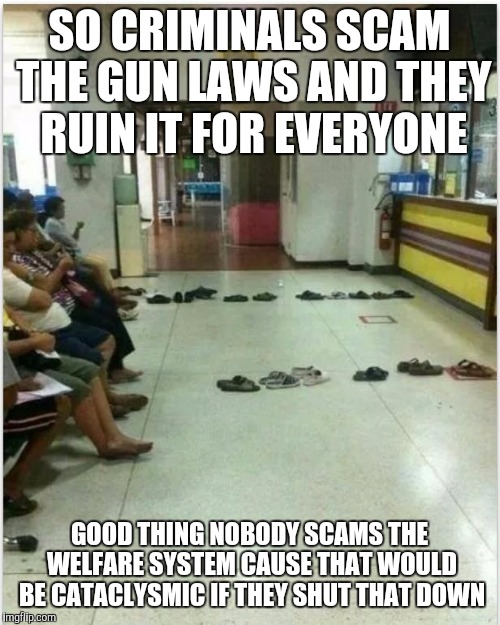 welfare | SO CRIMINALS SCAM THE GUN LAWS AND THEY RUIN IT FOR EVERYONE; GOOD THING NOBODY SCAMS THE WELFARE SYSTEM CAUSE THAT WOULD BE CATACLYSMIC IF THEY SHUT THAT DOWN | image tagged in welfare | made w/ Imgflip meme maker