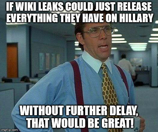 IT'S SHOW AND TELL TIME!   | IF WIKI LEAKS COULD JUST RELEASE EVERYTHING THEY HAVE ON HILLARY; WITHOUT FURTHER DELAY, THAT WOULD BE GREAT! | image tagged in memes,that would be great,hillary clinton,wikileaks | made w/ Imgflip meme maker