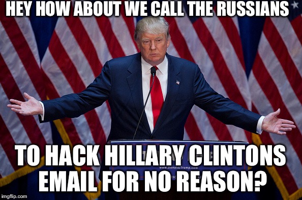 Donald trump the hacker | HEY HOW ABOUT WE CALL THE RUSSIANS; TO HACK HILLARY CLINTONS EMAIL FOR NO REASON? | image tagged in donald trump,hacker,russia,hillary clinton,hack | made w/ Imgflip meme maker