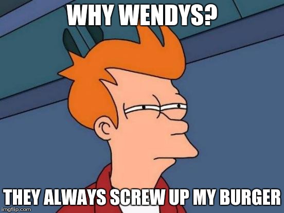 Futurama Fry Meme | WHY WENDYS? THEY ALWAYS SCREW UP MY BURGER | image tagged in memes,futurama fry | made w/ Imgflip meme maker