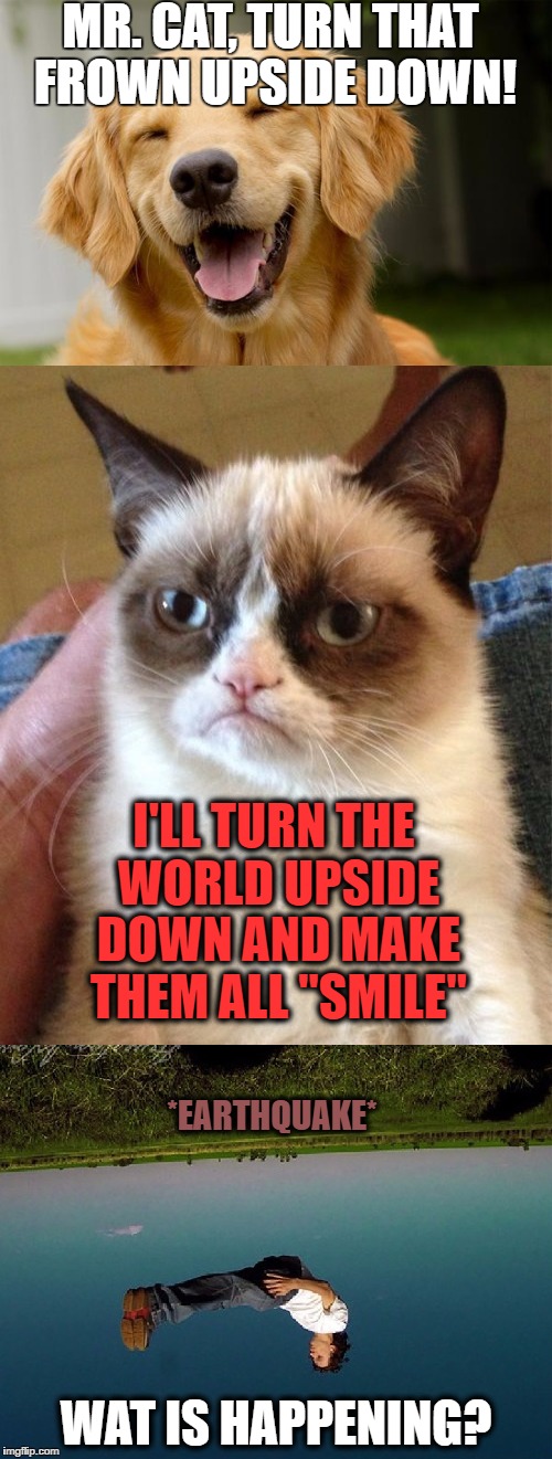 It is an earthquake? Or a giant grumpy cat? | MR. CAT, TURN THAT FROWN UPSIDE DOWN! I'LL TURN THE WORLD UPSIDE DOWN AND MAKE THEM ALL "SMILE"; *EARTHQUAKE*; WAT IS HAPPENING? | image tagged in grumpy cat,giant,turn that frown upside down,was is happening,earthquake,grumpy cat is an alien that makes earthquakes happen | made w/ Imgflip meme maker