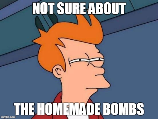 Futurama Fry Meme | NOT SURE ABOUT THE HOMEMADE BOMBS | image tagged in memes,futurama fry | made w/ Imgflip meme maker