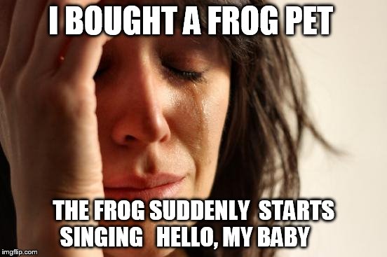 First World Problems Meme | I BOUGHT A FROG PET; THE FROG SUDDENLY  STARTS SINGING  
HELLO, MY BABY | image tagged in memes,first world problems | made w/ Imgflip meme maker