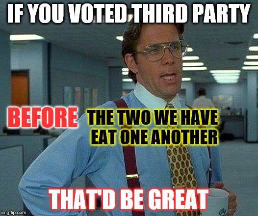 That Would Be Great Meme | IF YOU VOTED THIRD PARTY; BEFORE; THE TWO WE HAVE EAT ONE ANOTHER; THAT'D BE GREAT | image tagged in memes,that would be great | made w/ Imgflip meme maker