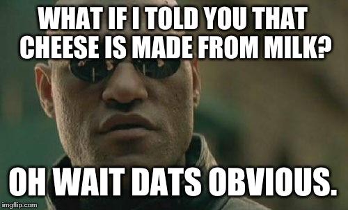 Cheesy Morpheus | WHAT IF I TOLD YOU THAT CHEESE IS MADE FROM MILK? OH WAIT DATS OBVIOUS. | image tagged in memes,matrix morpheus,cheese | made w/ Imgflip meme maker