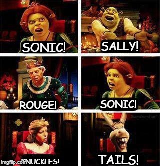 Shrek | SALLY! SONIC! SONIC! ROUGE! TAILS! KNUCKLES! | image tagged in shrek | made w/ Imgflip meme maker