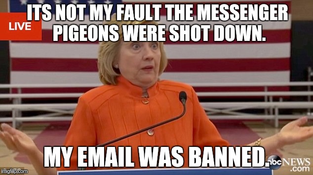 If Hillary starts uses pigeons instead of emails I will die of laughter. | ITS NOT MY FAULT THE MESSENGER PIGEONS WERE SHOT DOWN. MY EMAIL WAS BANNED. | image tagged in hillary clinton fail,memes,funny,pigeons,hillary emails | made w/ Imgflip meme maker